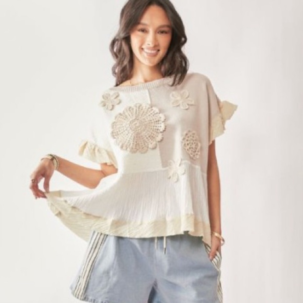 New Boho Relaxed Pullover Patchwork Sweater Top Textured Fabric &  Ruffle Detail